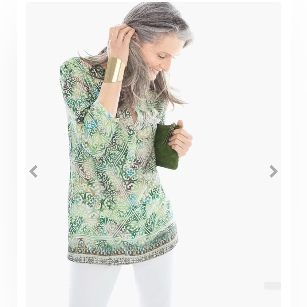 Chico’s Block-Print Green 3/4 Sleeves Lightweight Blouse Size S